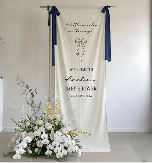 Baby Shower Banner Stand Personalized Baby Shower Welcome Sign A Little Pearls on the Way Custom Name Linen Decor