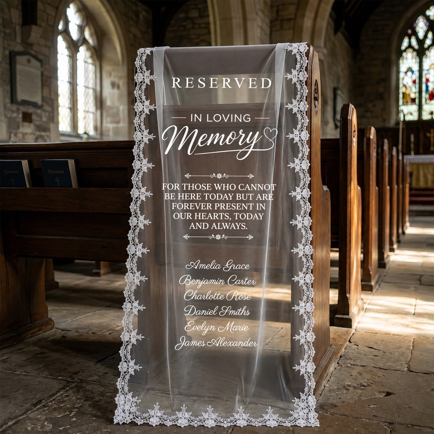 Custom In Loving Memory Wedding Chair Sign, Sheer Lace Reserved Banner, Remembrance Ceremony Decor