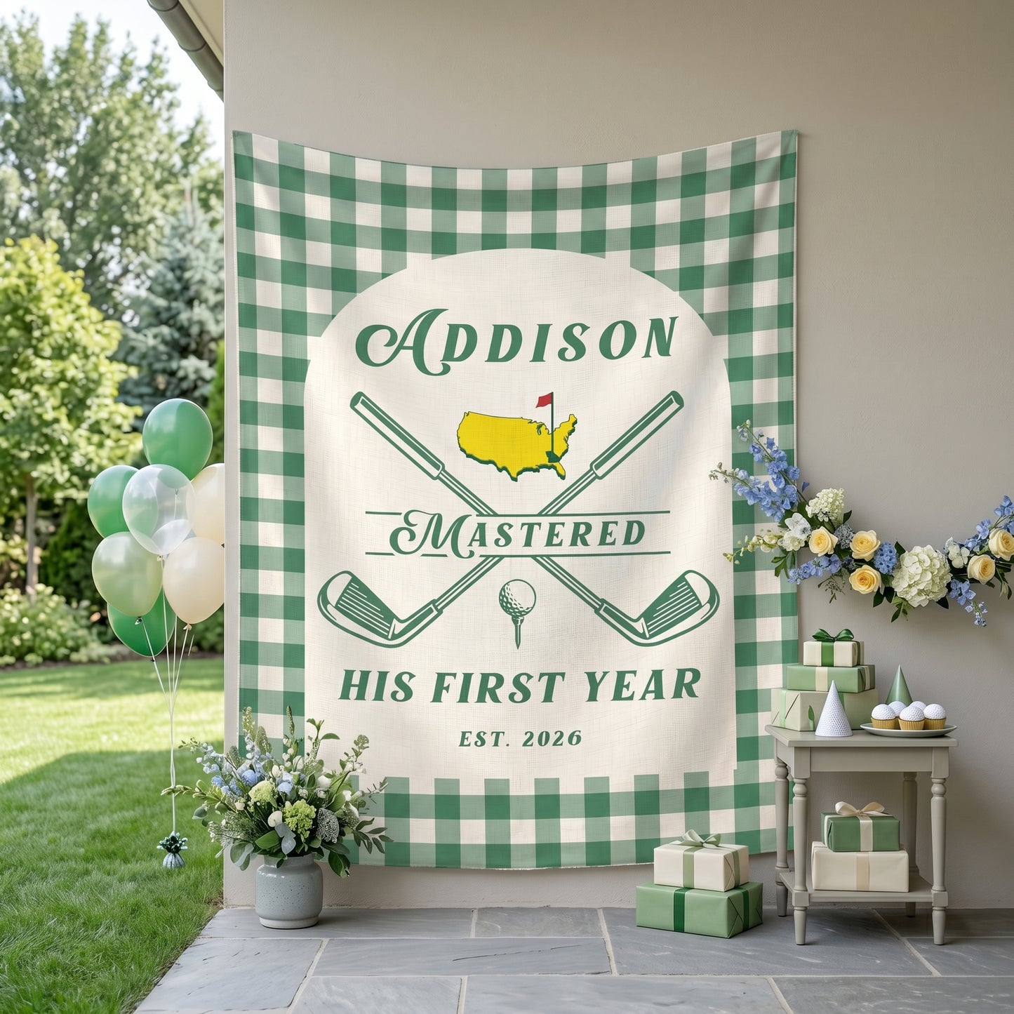 Personalized 1st Birthday Backdrop, Mastered First Year Banner, Hole In One Sign, Golf Themed Party Decorations