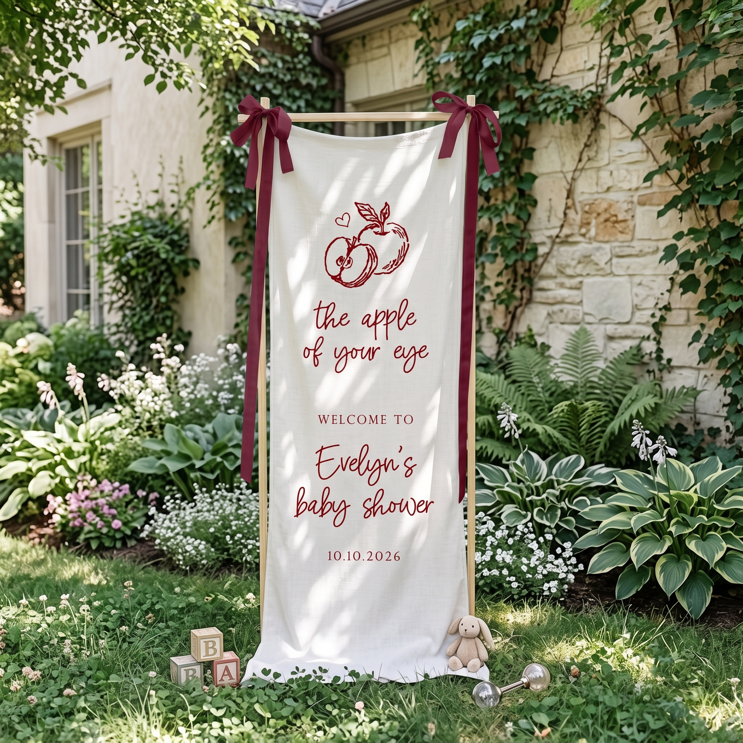 Apple Baby Shower Banner, Fabric Linen Welcome Sign, Red Plaid Baby Shower Welcome banner