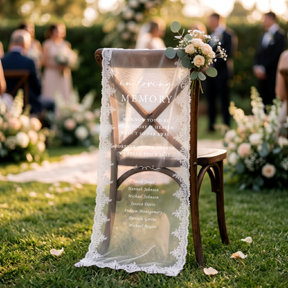 Custom In Loving Memory Wedding Chair Sign, Sheer Lace Reserved Banner