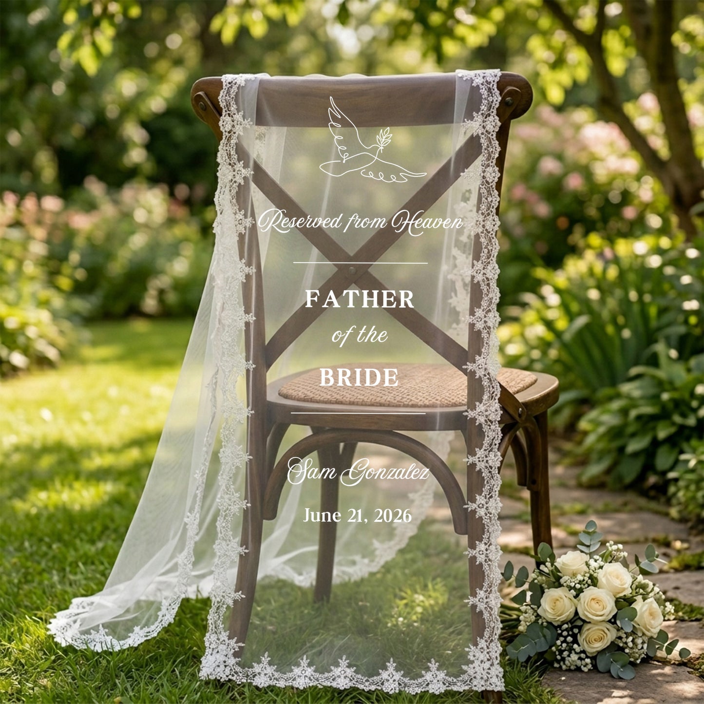Custom In Loving Memory Wedding Chair Sign, Sheer Lace Reserved Banner, Sympathy Gift