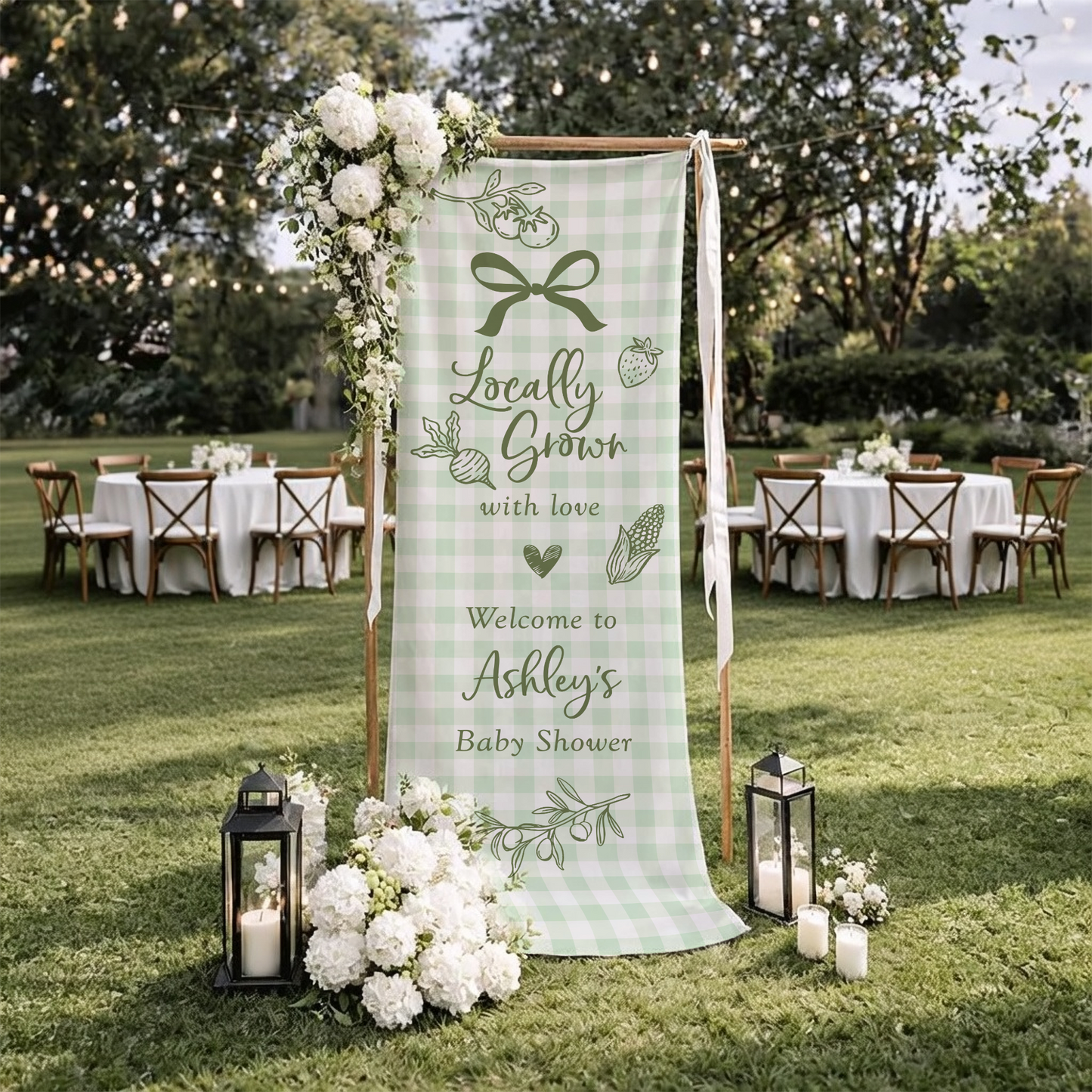 Coquette Baby Shower Banner Stand Personalized - Locally Grown Welcome Sign
