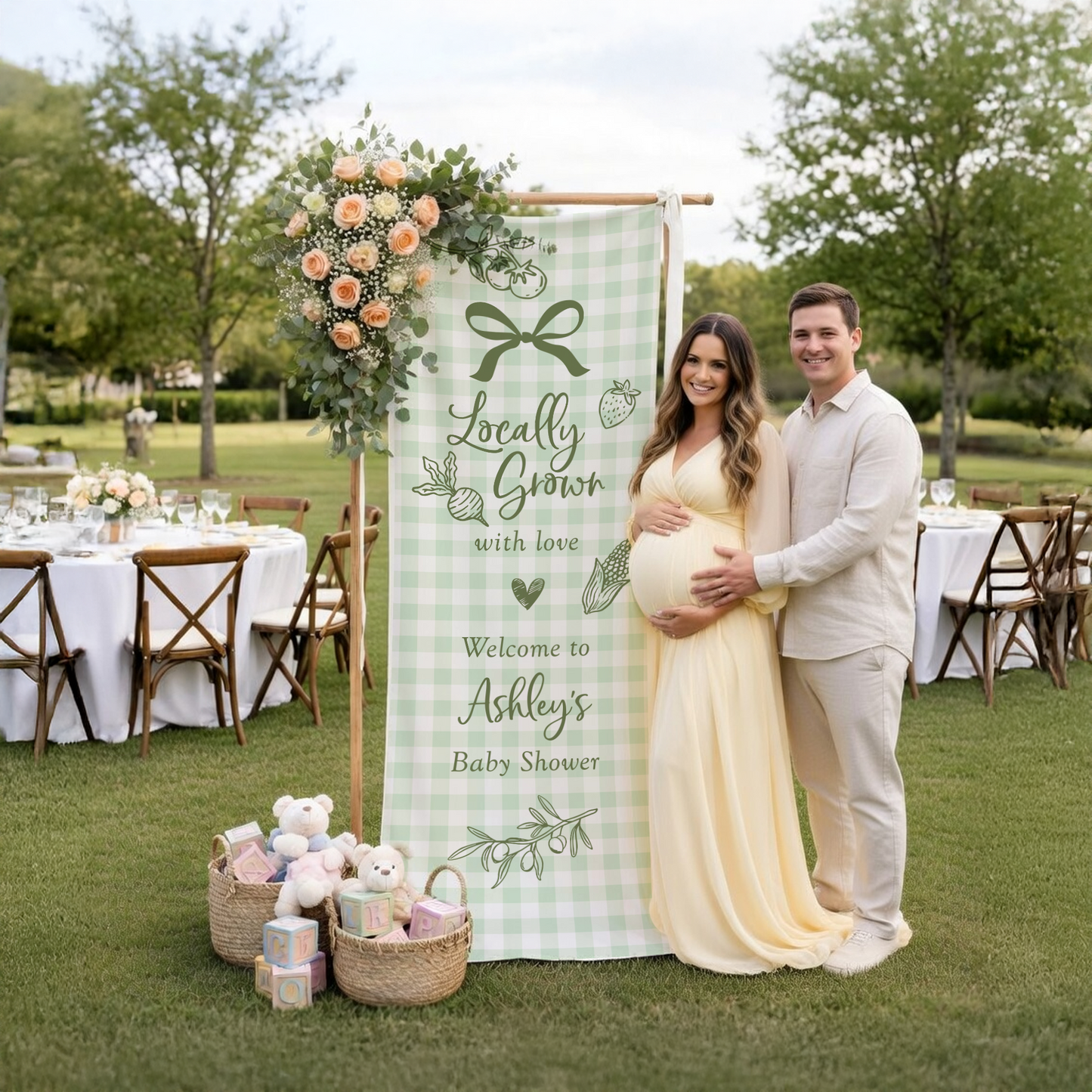 Coquette Baby Shower Banner Stand Personalized - Locally Grown Welcome Sign