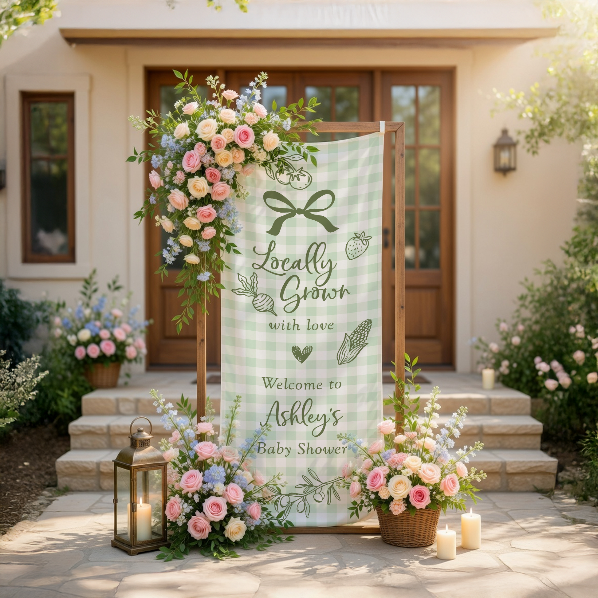 Coquette Baby Shower Banner Stand Personalized - Locally Grown Welcome Sign