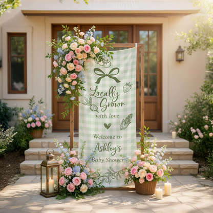 Coquette Baby Shower Banner Stand Personalized - Locally Grown Welcome Sign