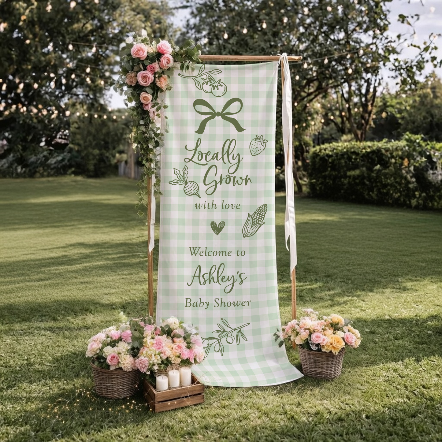 Coquette Baby Shower Banner Stand Personalized - Locally Grown Welcome Sign