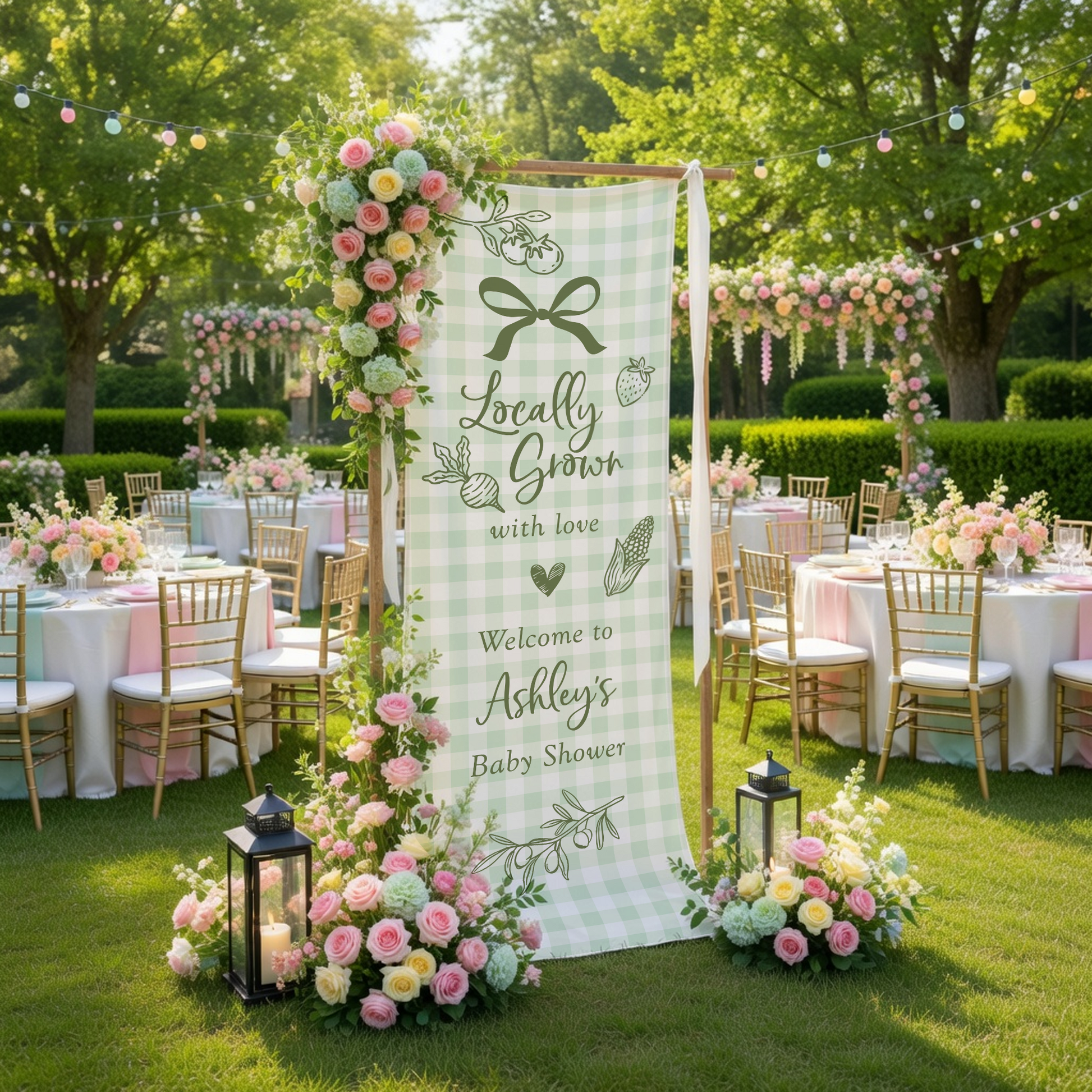 Coquette Baby Shower Banner Stand Personalized - Locally Grown Welcome Sign