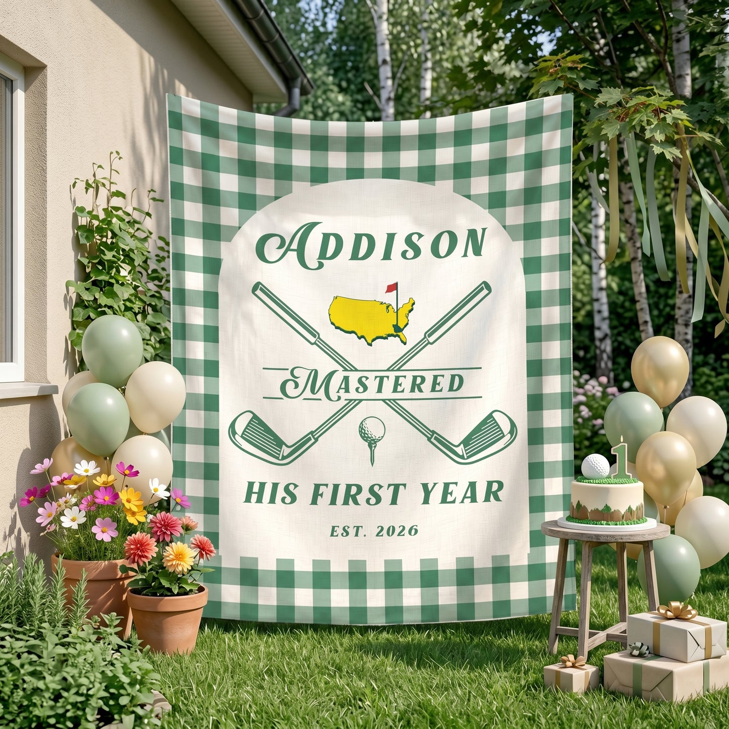 Personalized 1st Birthday Backdrop, Mastered First Year Banner, Hole In One Sign, Golf Themed Party Decorations