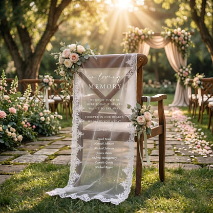 Custom In Loving Memory Wedding Chair Sign, Sheer Lace Reserved Banner
