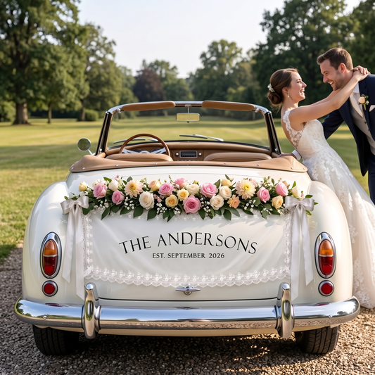 Just Married Banner, Personalized Wedding Sign, Vintage Car Wedding Decor, Lace Floral Banner