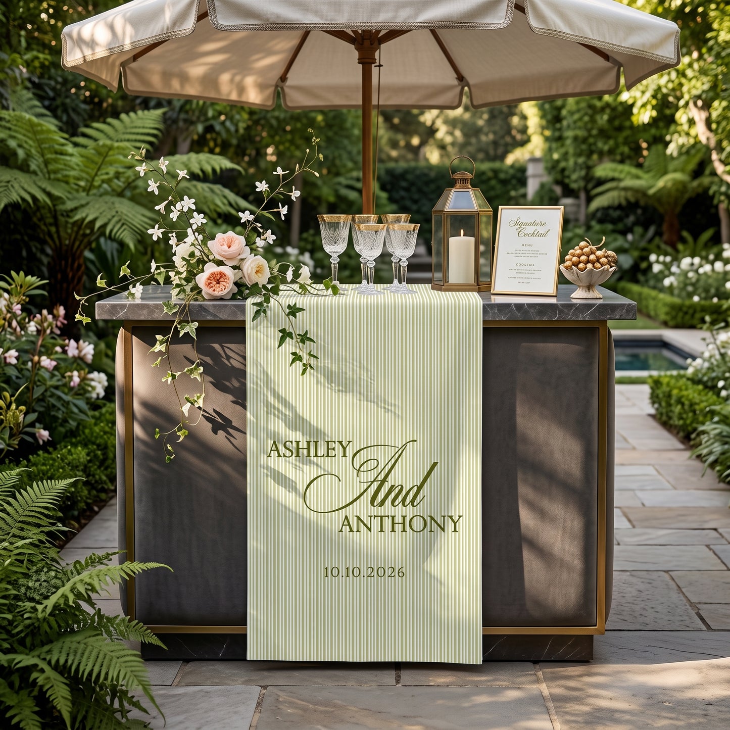 Personalized Linen striped bar or event Sign, Custom Wedding Welcome Sign With Name & Date, Linen Bar Menu Banner