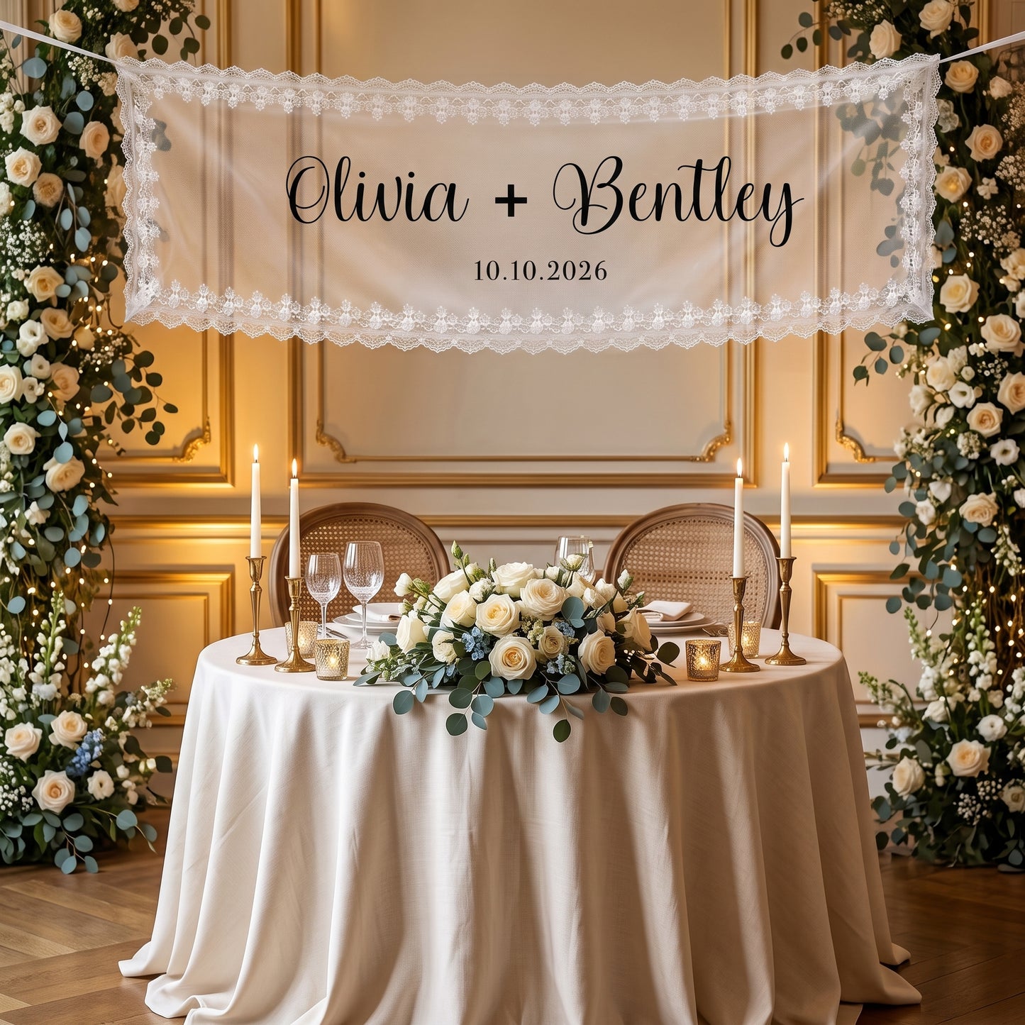 Personalized Lace Wedding Welcome Banner, Reception Entrance Sign, Wedding Car Decor