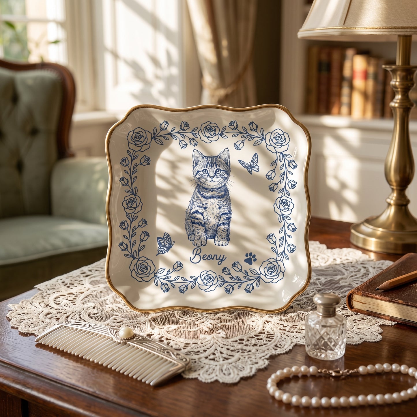 Custom Pet Portrait Jewelry Dish, Toile De Jouy Pet Ring Dish, Dog Cat Ceramic Trinket Tray Gift For Pet Lover