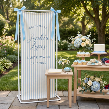 Linen Striped Baby Shower Welcome Sign Tapestry, Personalized Baby Shower Banner