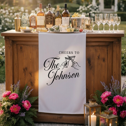 Personalized Wedding Table Runner Cocktail Bar Decor Custom Name Linen Stripe Cheers Sign Wedding Reception Decor
