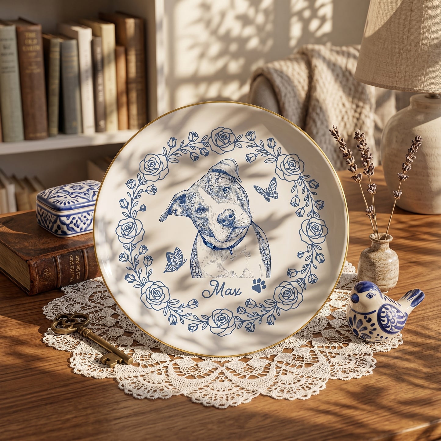 Custom Pet Portrait Jewelry Dish, Toile De Jouy Pet Ring Dish, Dog Cat Ceramic Trinket Tray Gift For Pet Lover