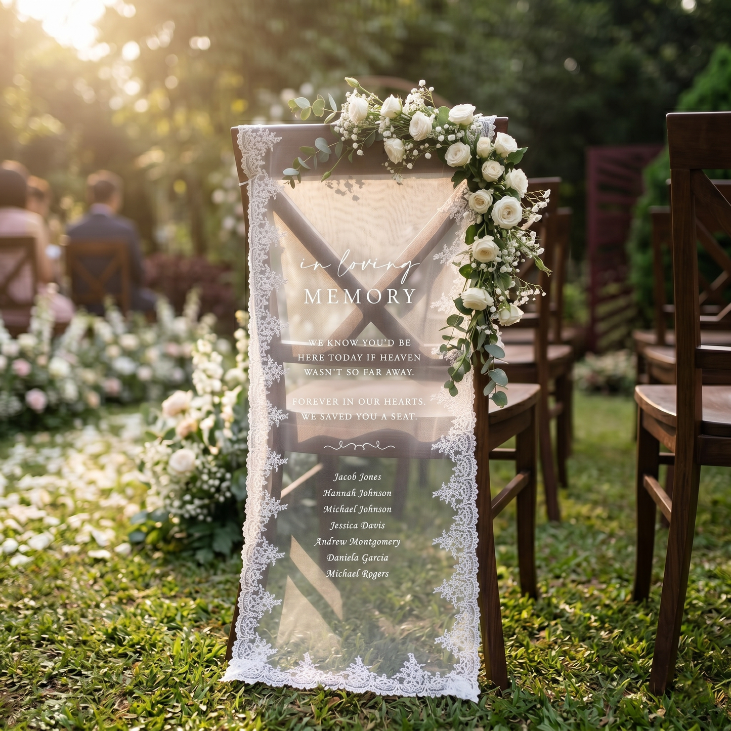 Custom In Loving Memory Wedding Chair Sign, Sheer Lace Reserved Banner