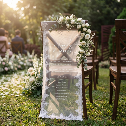 Custom In Loving Memory Wedding Chair Sign, Sheer Lace Reserved Banner