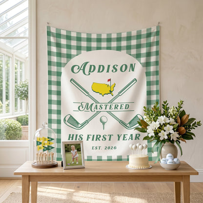 Personalized 1st Birthday Backdrop, Mastered First Year Banner, Hole In One Sign, Golf Themed Party Decorations