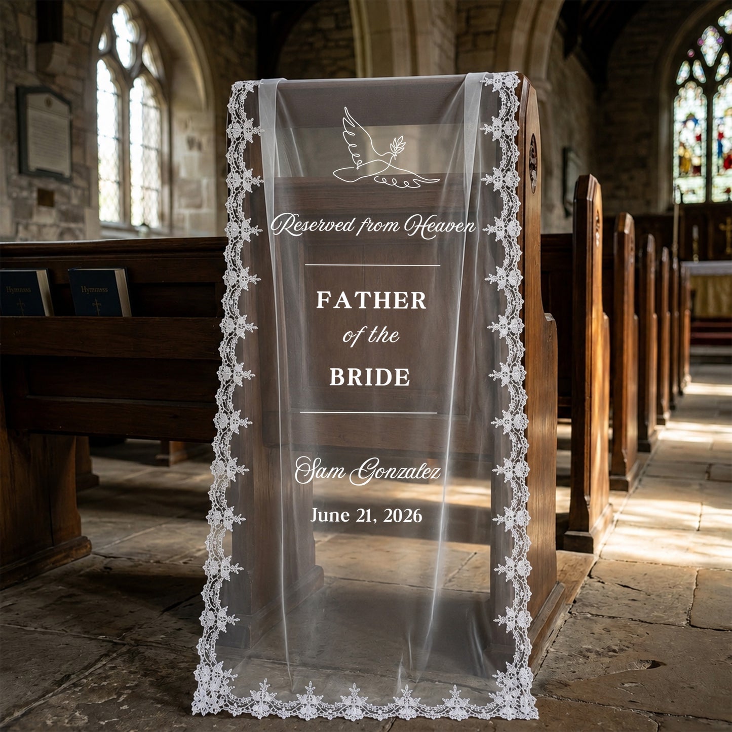 Custom In Loving Memory Wedding Chair Sign, Sheer Lace Reserved Banner, Sympathy Gift