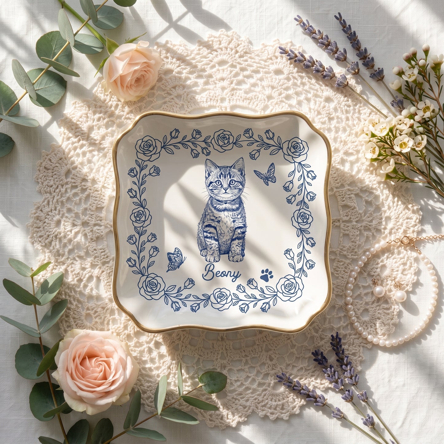Custom Pet Portrait Jewelry Dish, Toile De Jouy Pet Ring Dish, Dog Cat Ceramic Trinket Tray Gift For Pet Lover