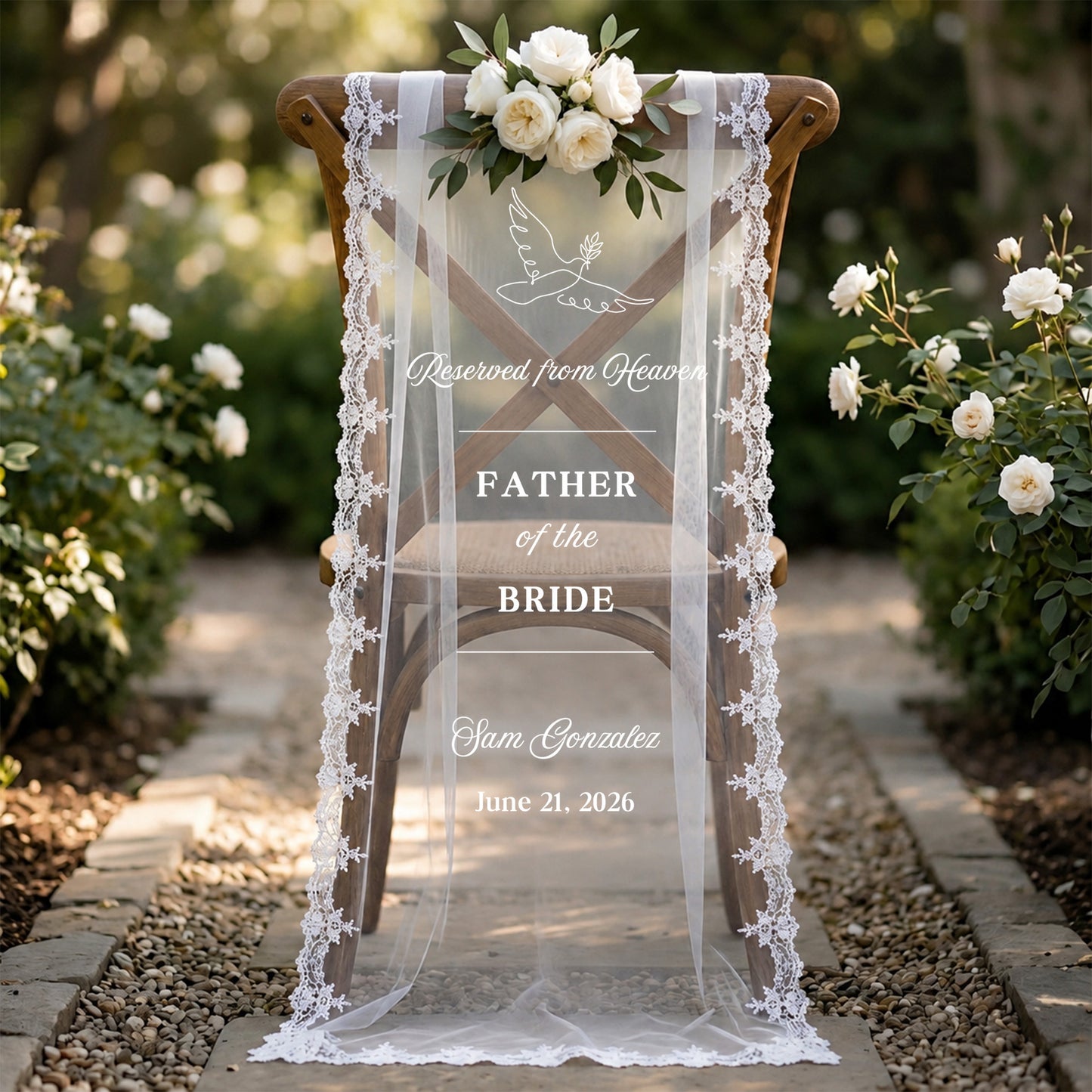 Custom In Loving Memory Wedding Chair Sign, Sheer Lace Reserved Banner, Sympathy Gift