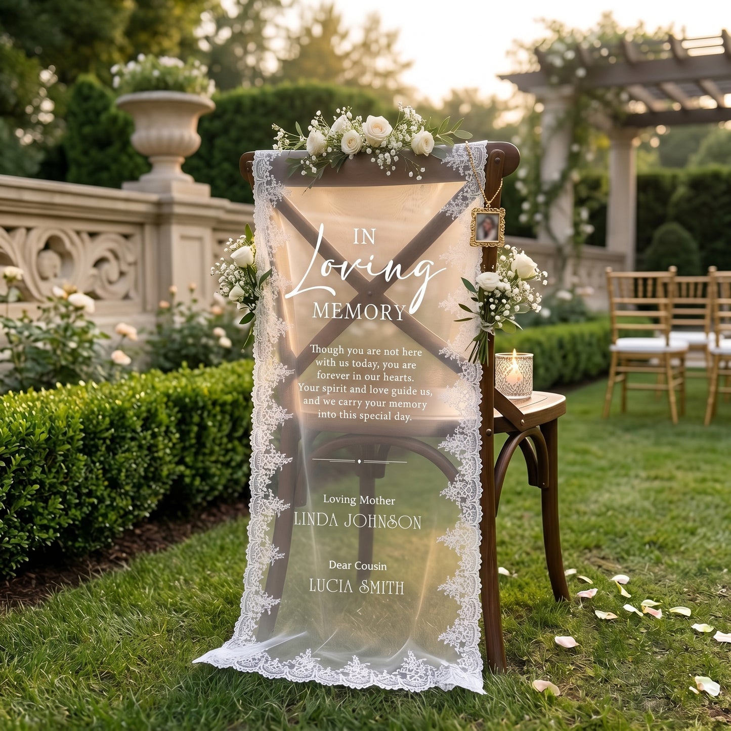 Wedding Memorial Chair Banner, In Loving Memory Lace Sign, Reserved Seat Wedding Sign