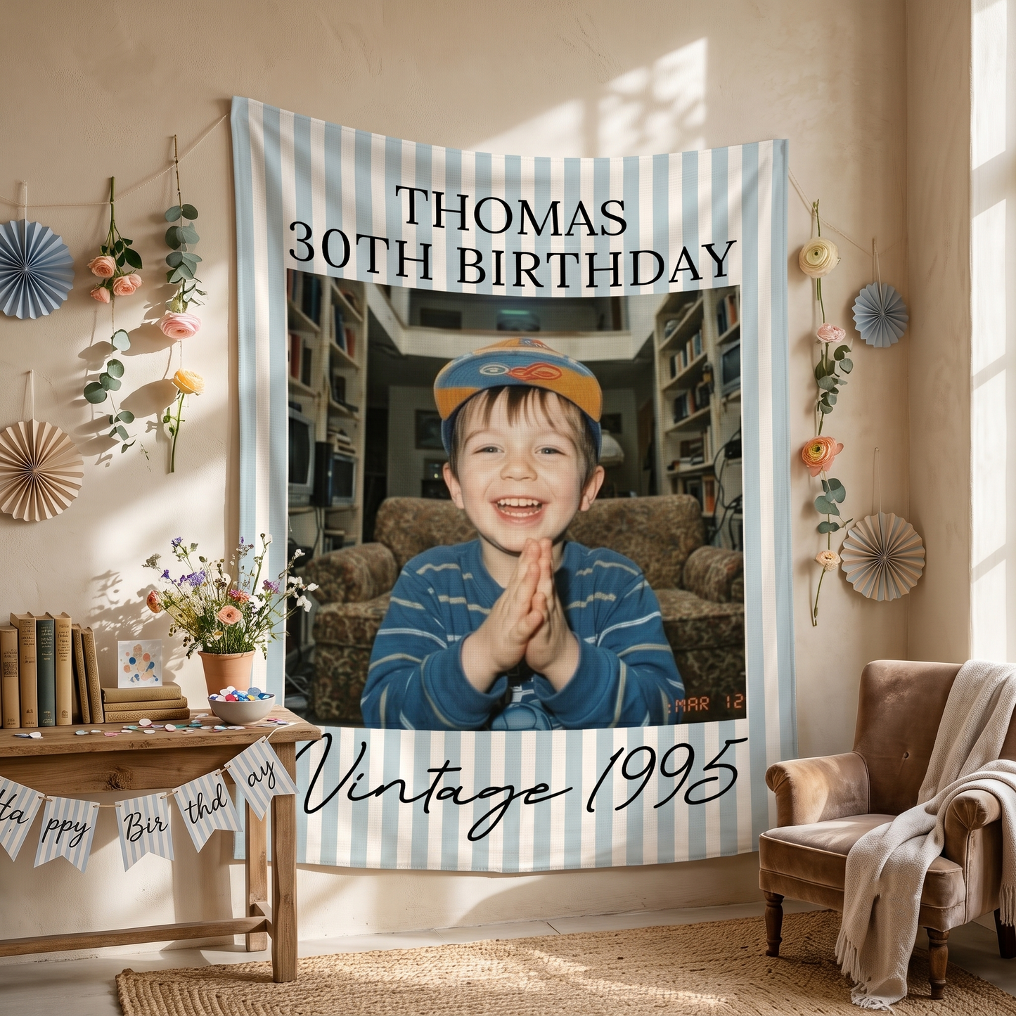 Custom 20th 30th 40th Birthday Sign, Custom Photo Party Banner, Vintage Birthday Backdrop