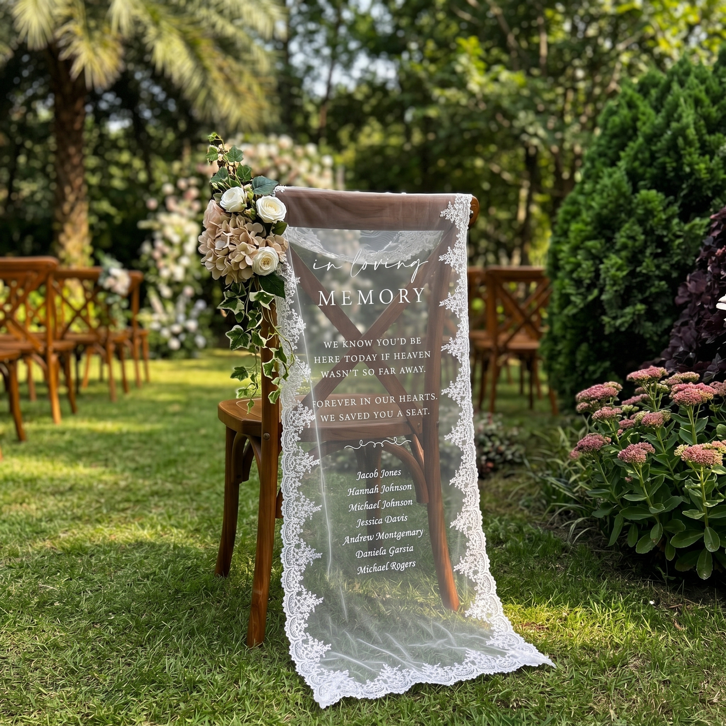 Custom In Loving Memory Wedding Chair Sign, Sheer Lace Reserved Banner