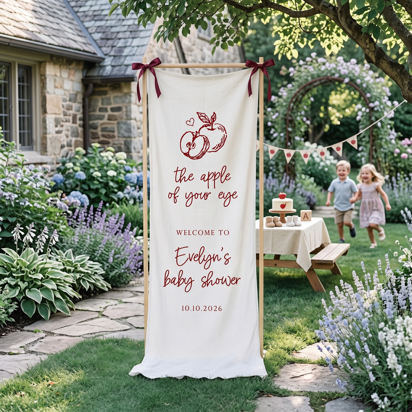 Apple Baby Shower Banner, Fabric Linen Welcome Sign, Red Plaid Baby Shower Welcome banner