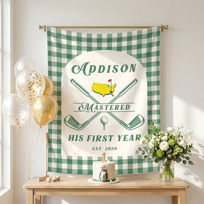 Personalized 1st Birthday Backdrop, Mastered First Year Banner, Hole In One Sign, Golf Themed Party Decorations