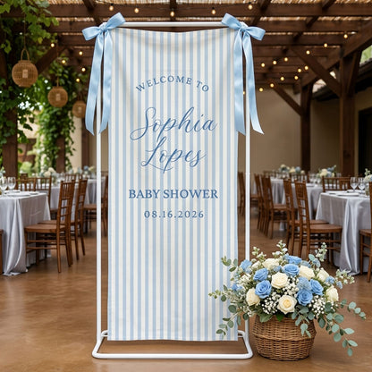 Linen Striped Baby Shower Welcome Sign Tapestry, Personalized Baby Shower Banner