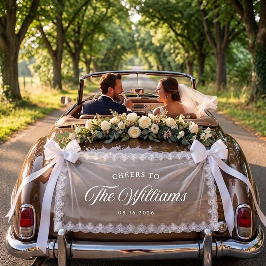 Personalized Lace Wedding Sign, Boho Backdrop, Vintage Car Wedding Decor