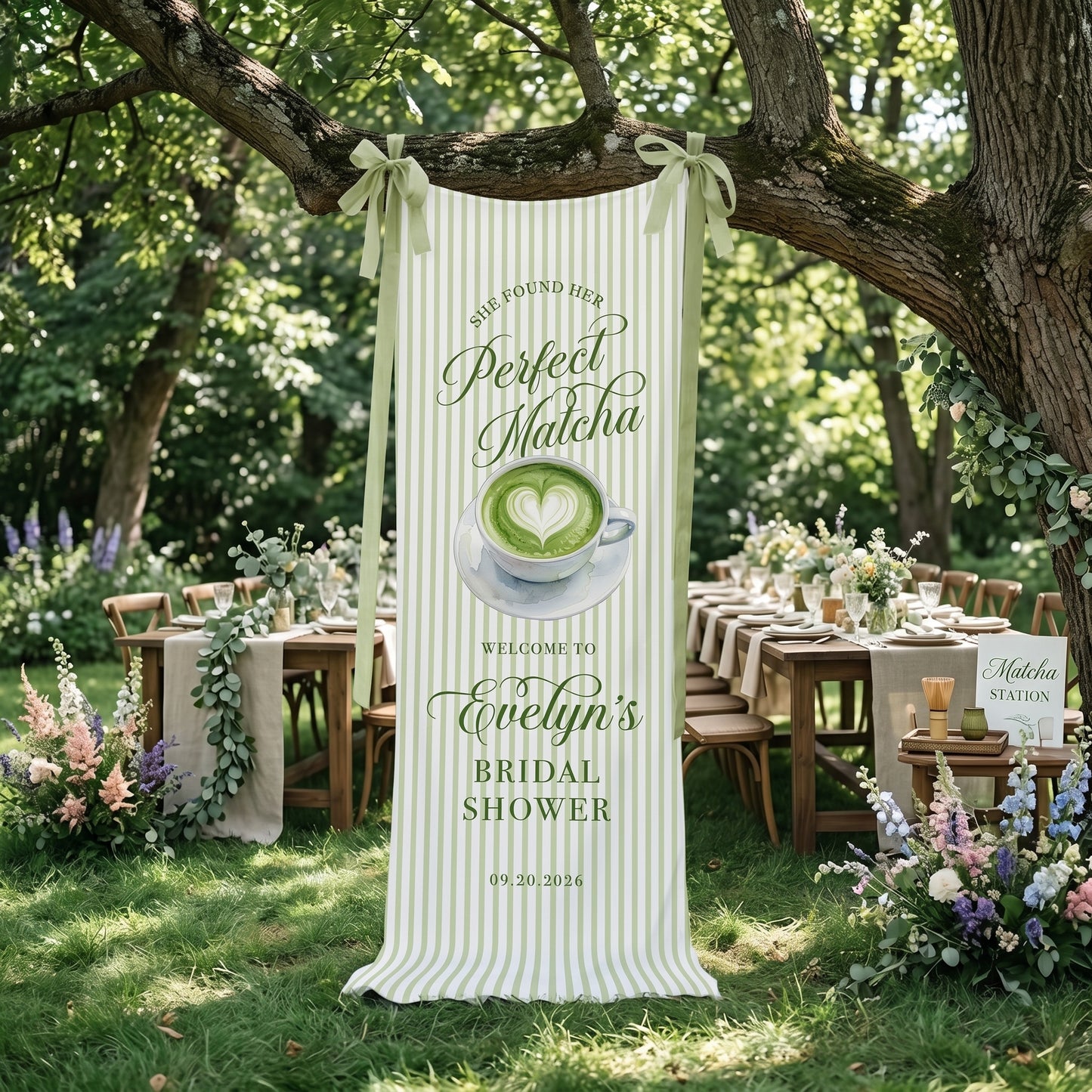 Bridal Shower Banner, Bridal Shower Welcome Sign, Matcha Party Backdrop, Custom Bride To Be Decor