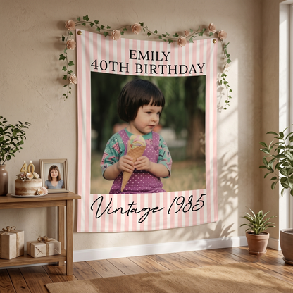 Custom 20th 30th 40th Birthday Sign, Custom Photo Party Banner, Vintage Birthday Backdrop