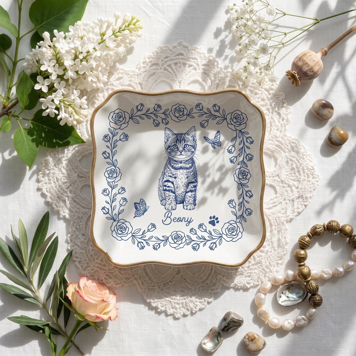 Custom Pet Portrait Jewelry Dish, Toile De Jouy Pet Ring Dish, Dog Cat Ceramic Trinket Tray Gift For Pet Lover