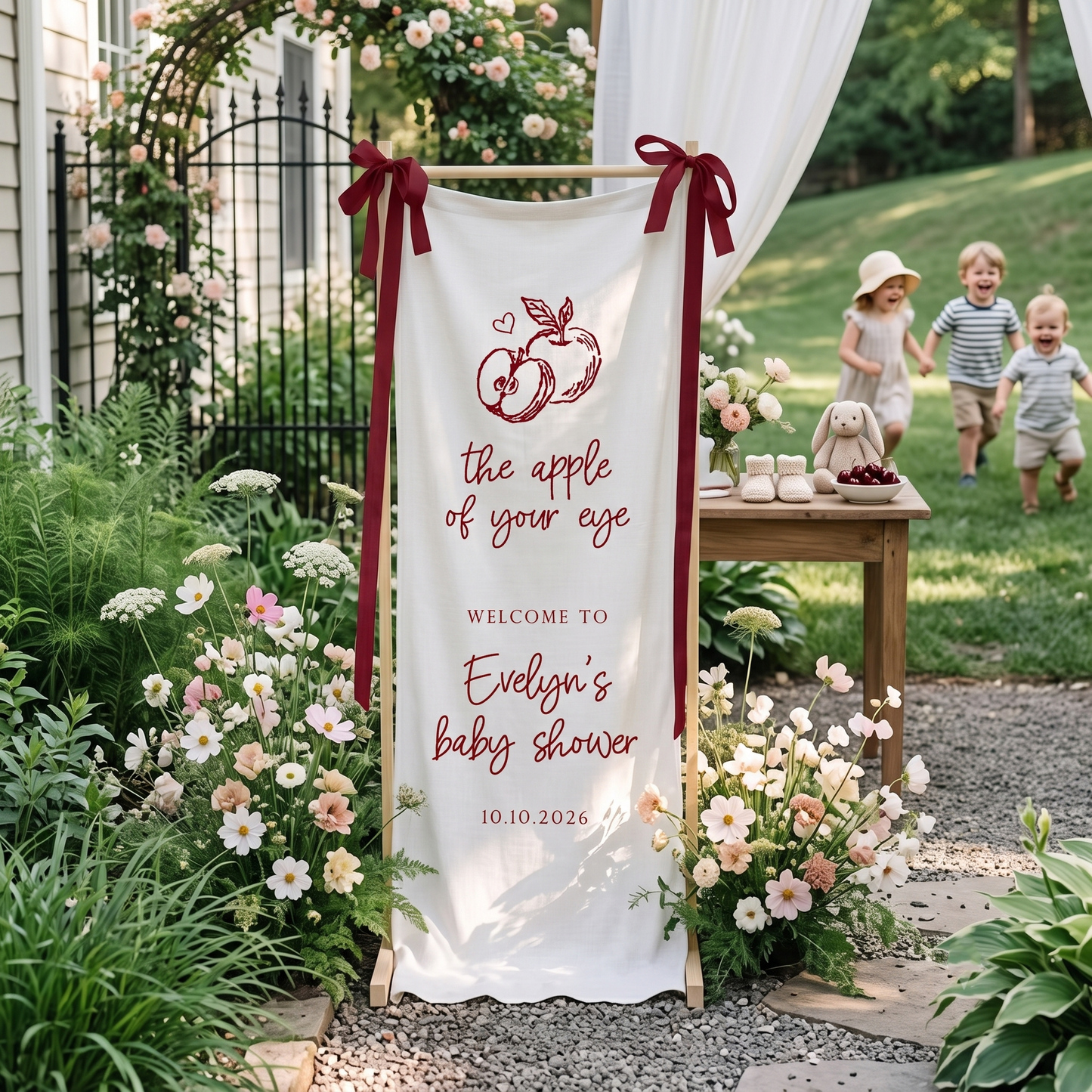 Apple Baby Shower Banner, Fabric Linen Welcome Sign, Red Plaid Baby Shower Welcome banner