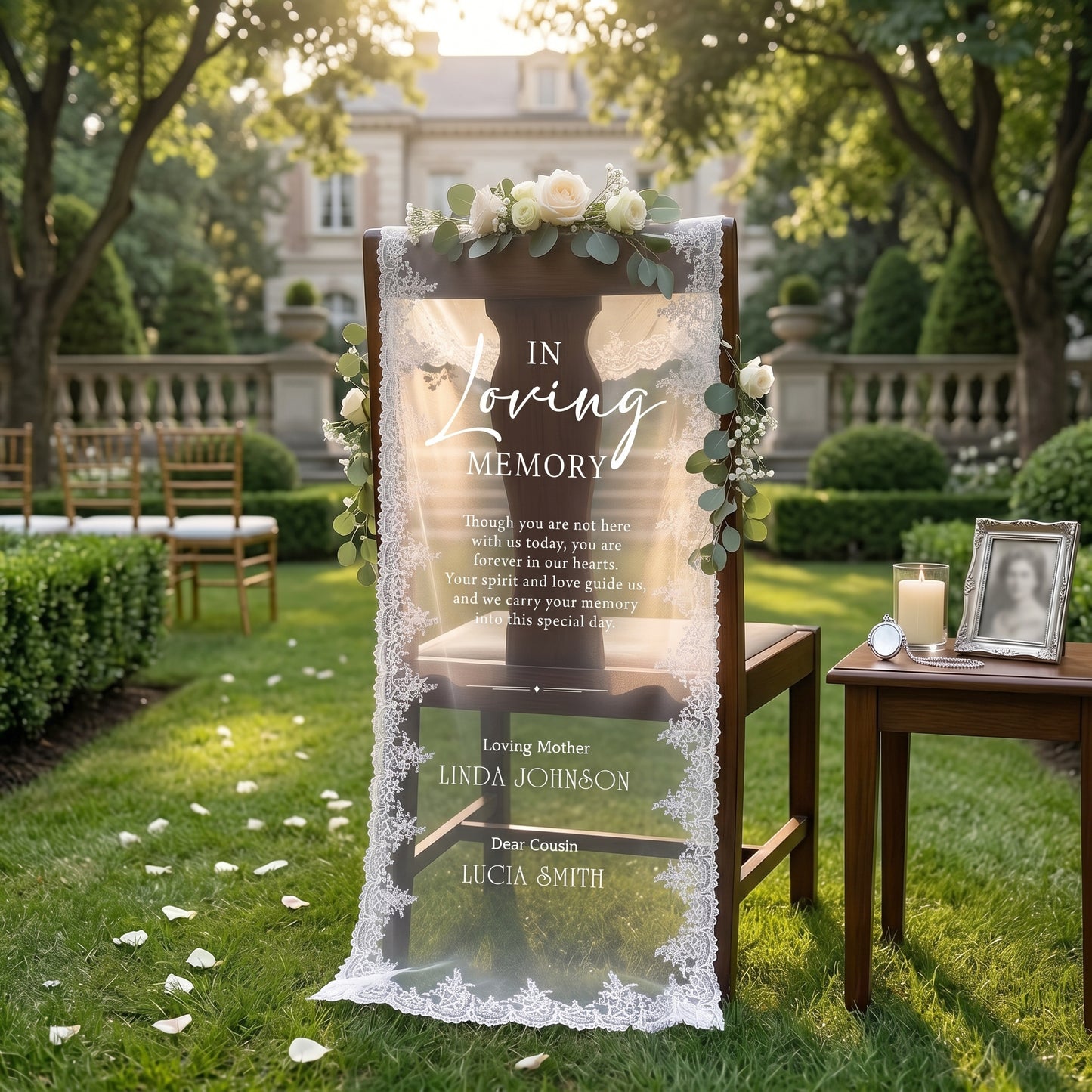 Wedding Memorial Chair Banner, In Loving Memory Lace Sign, Reserved Seat Wedding Sign