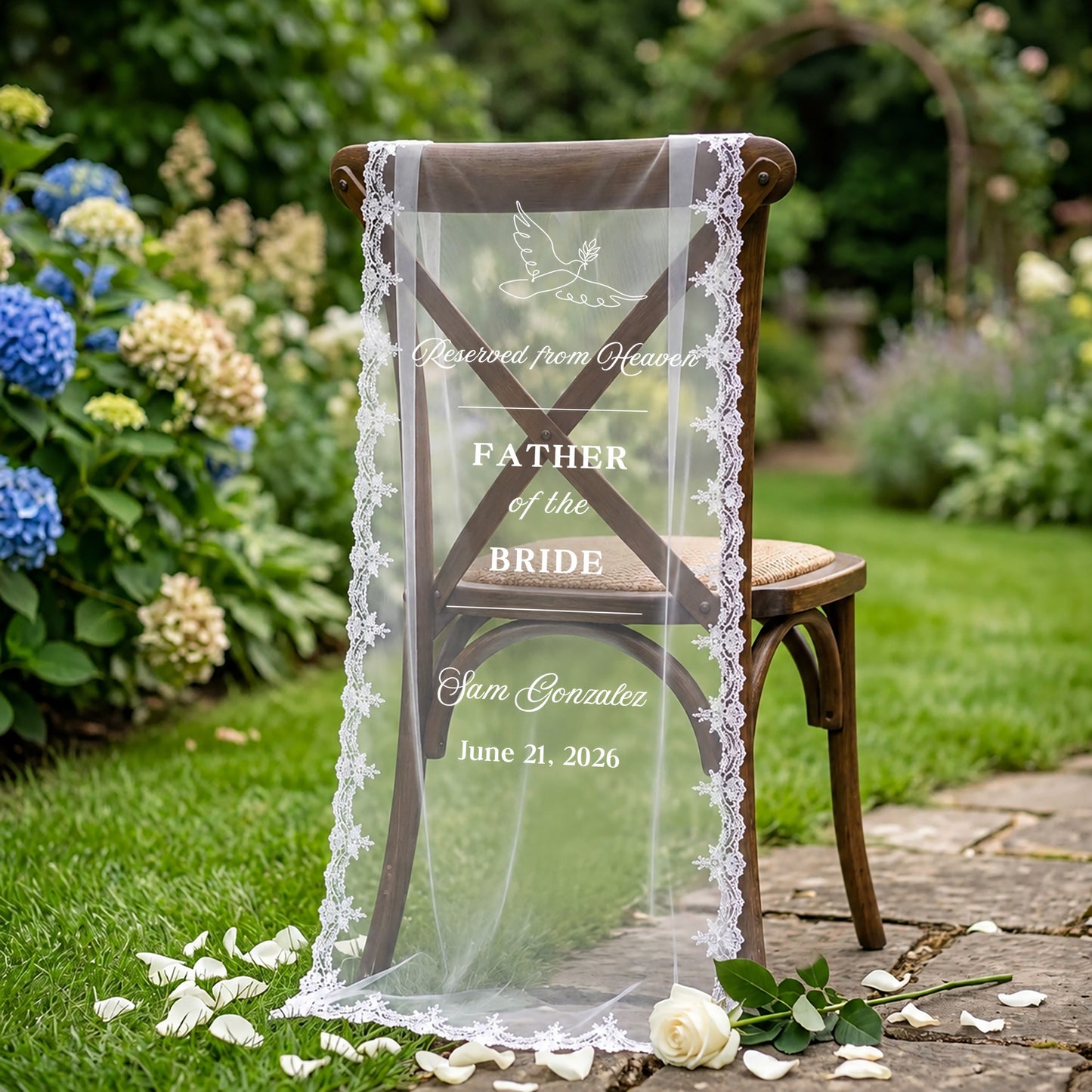 Custom In Loving Memory Wedding Chair Sign, Sheer Lace Reserved Banner, Sympathy Gift