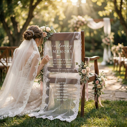 Custom In Loving Memory Wedding Chair Sign, Sheer Lace Reserved Banner