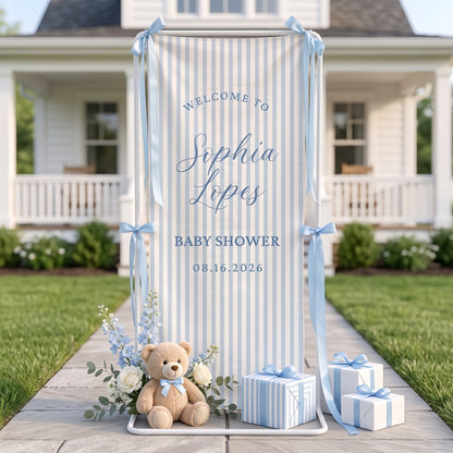 Linen Striped Baby Shower Welcome Sign Tapestry, Personalized Baby Shower Banner