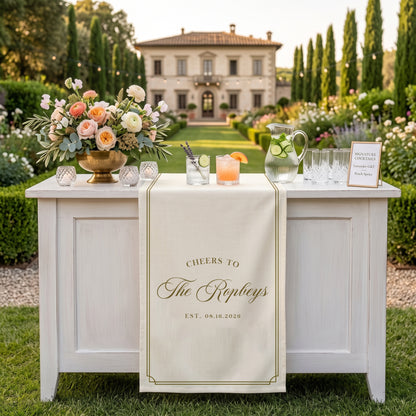 Personalized Wedding Table Runner, Custom Name Linen Bar Decor, Bridal Shower Tea Party Reception Decor
