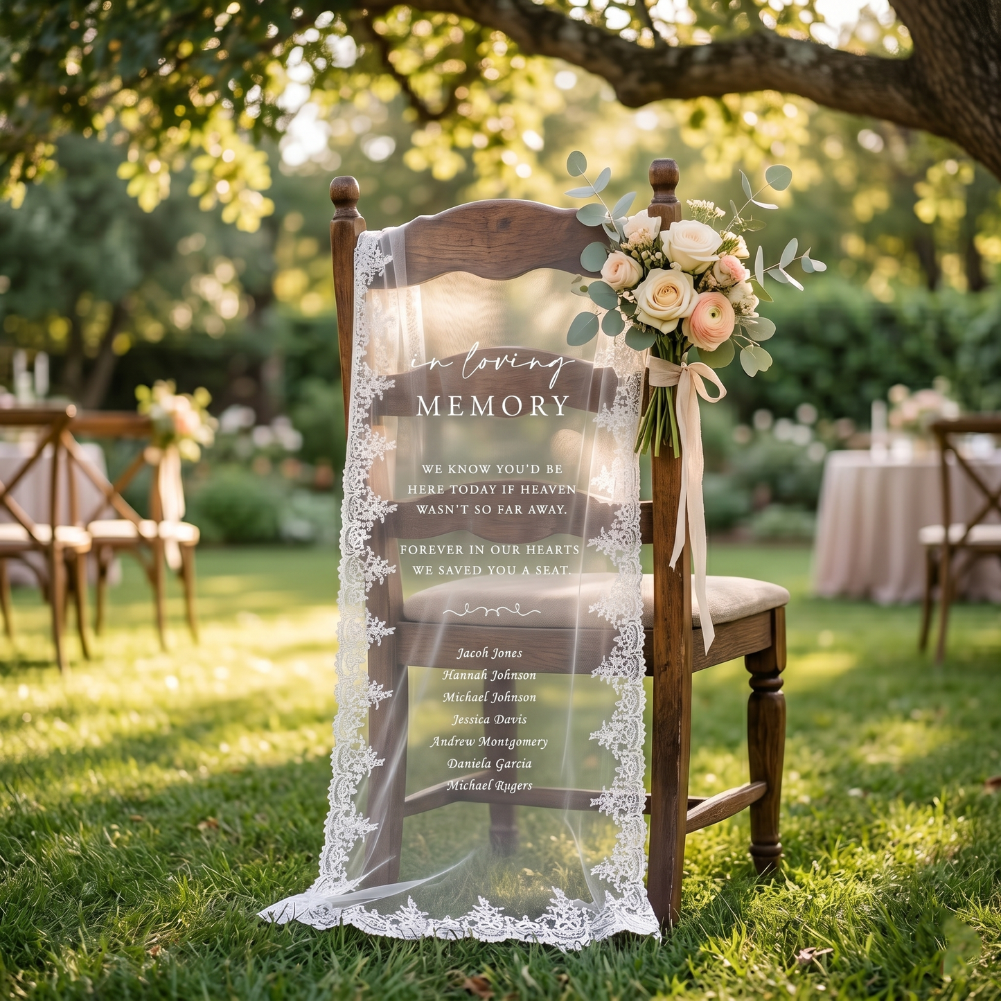 Custom In Loving Memory Wedding Chair Sign, Sheer Lace Reserved Banner