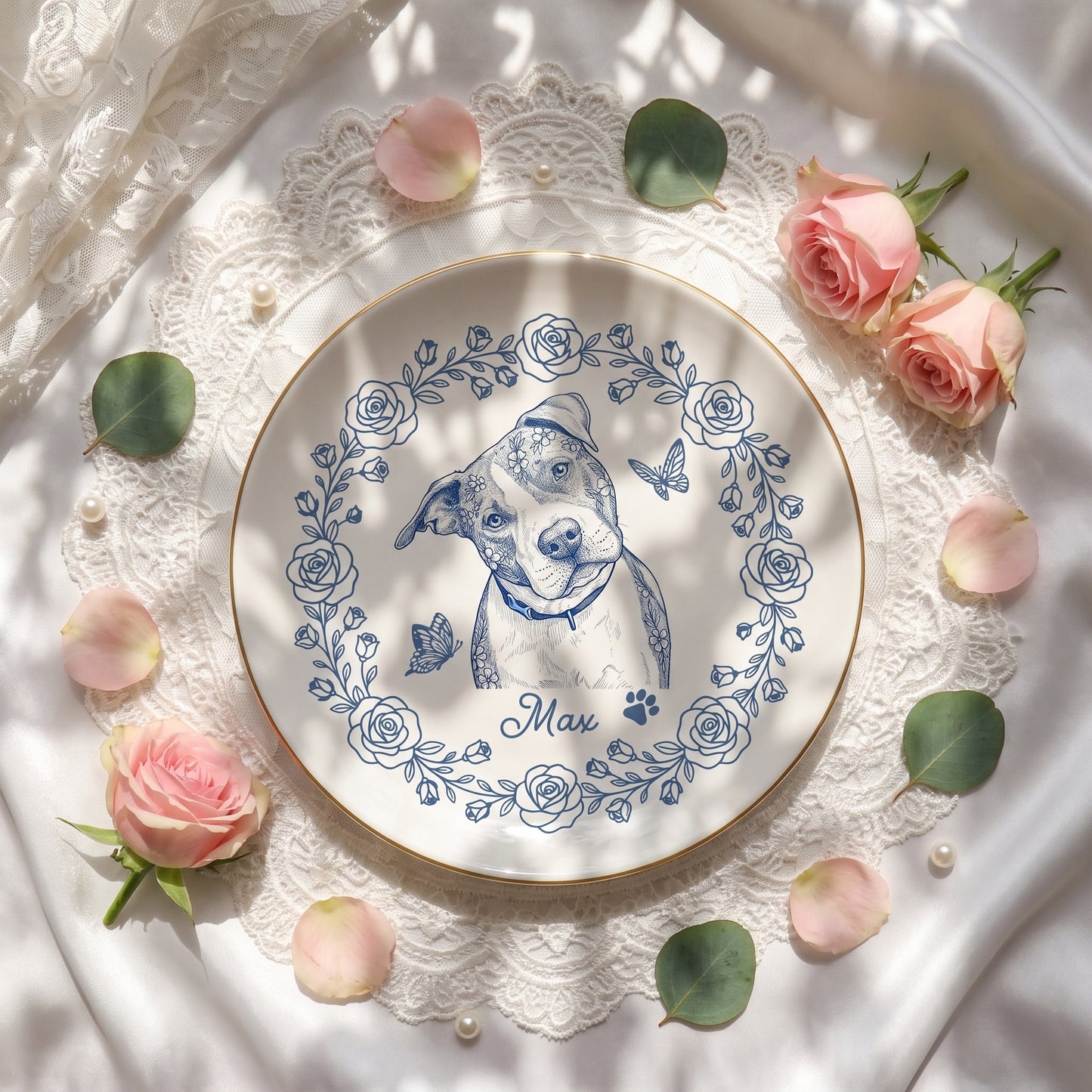 Custom Pet Portrait Jewelry Dish, Toile De Jouy Pet Ring Dish, Dog Cat Ceramic Trinket Tray Gift For Pet Lover