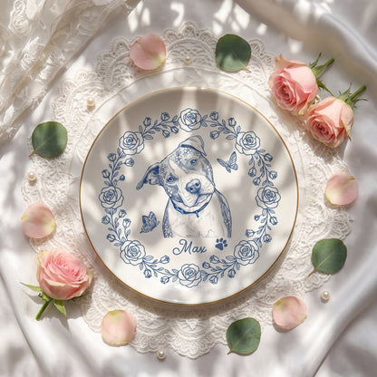 Custom Pet Portrait Jewelry Dish, Toile De Jouy Pet Ring Dish, Dog Cat Ceramic Trinket Tray Gift For Pet Lover
