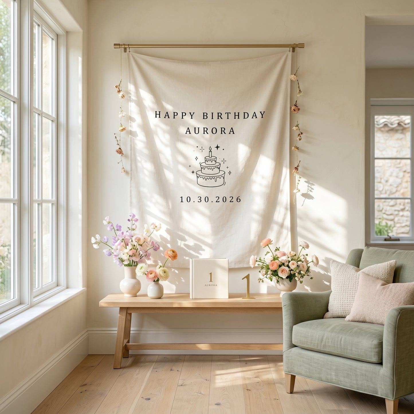 Kids Birthday Fabric Banner, Personalized Fabric Backdrop, Birthday Boho Wall Art