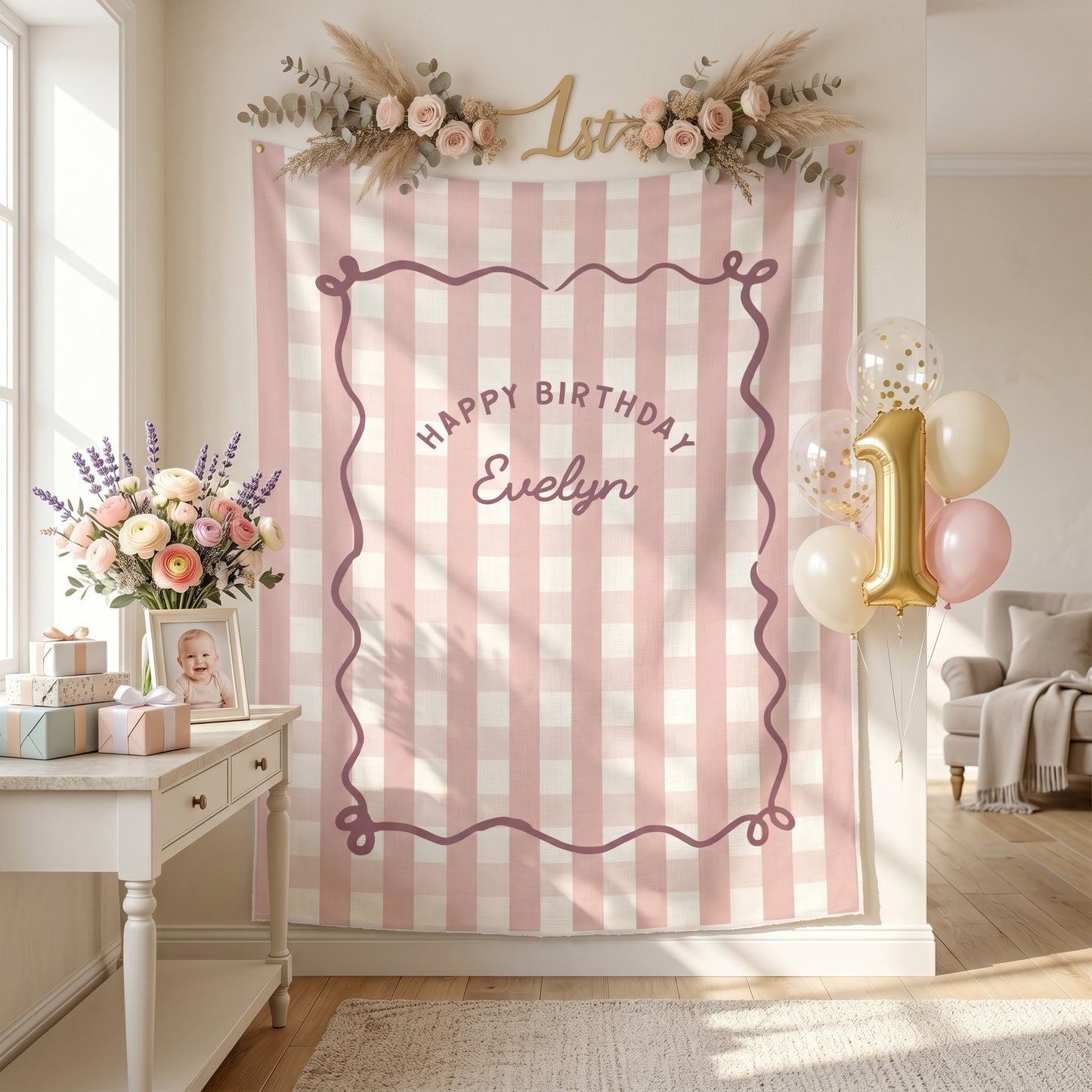 Personalized Birthday Tapestry, Custom Name Party Backdrop, Boho Strip Banner, Fabric Wall Art