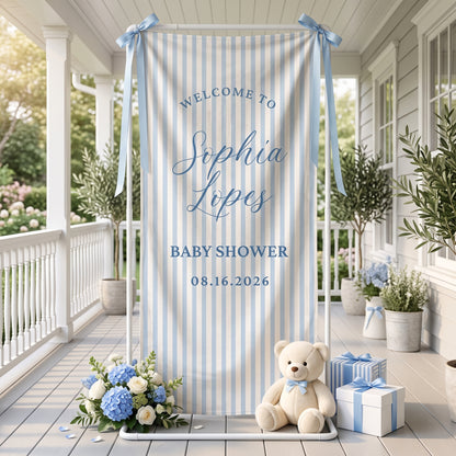 Linen Striped Baby Shower Welcome Sign Tapestry, Personalized Baby Shower Banner