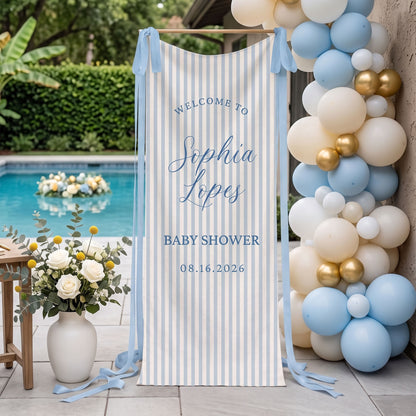 Linen Striped Baby Shower Welcome Sign Tapestry, Personalized Baby Shower Banner